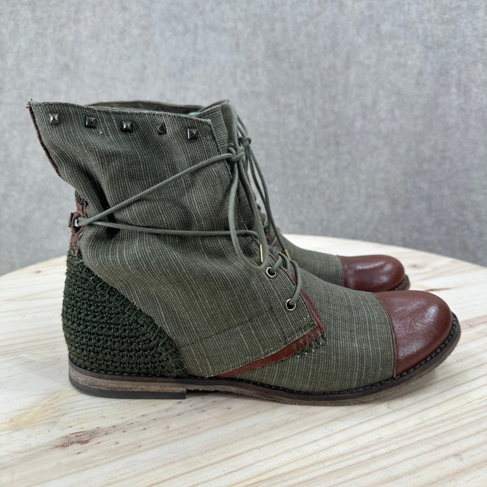 The Sak Ankle Boots 8 Olive Green Canvas Brown Leather Cap Toe Studded Lace Up - Picture 4 of 14